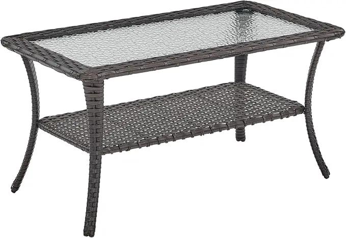 Patio Tables Outdoor Coffee Table - Wicker Rattan Coffee Tables with 2-Tier Storage Shelf Glass Top for Outside Proch Deck Balcony Garden Rectangle Brown by GreenHaven Gardens
