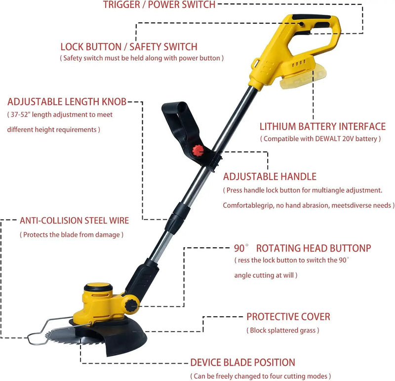 Electric Weed Wacker Cordless for Dewalt 20 V Battery, 4-in-1 Battery-Powered Mower, Lightweight Cordless Weeder for Lawn, Yard and Brush Mowing (Battery Free, Yellow) by GreenHaven Gardens
