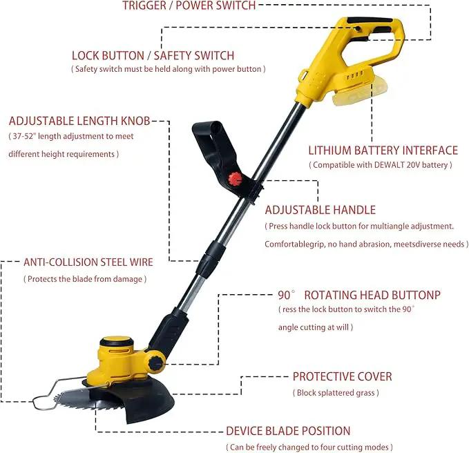 Electric Weed Wacker Cordless for Dewalt 20 V Battery, 4-in-1 Battery-Powered Mower, Lightweight Cordless Weeder for Lawn, Yard and Brush Mowing (Battery Free, Yellow) by GreenHaven Gardens