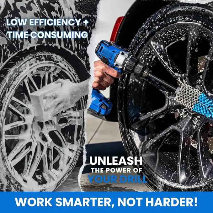 Long Reach Drill Brush Attachment, All Purpose for Car Tires, Wheels, Wheel Wells, Engine Bays, Exhaust Pipes, Running Boards, Hard to Reach Areas, with Heavy Duty Non-Scratch Nylon Bristles by GreenHaven Gardens