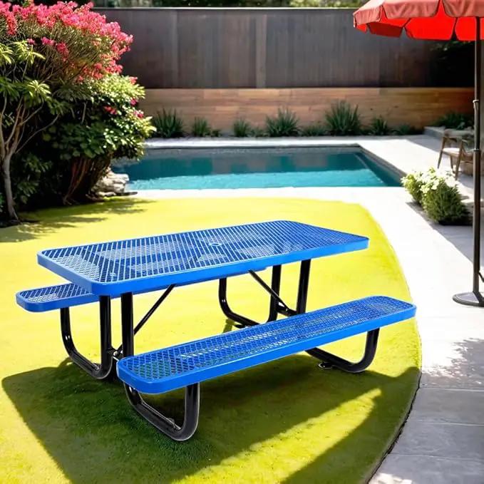 6 ft. Rectangular Outdoor Steel Picnic Table with Umbrella Pole, Heavy-Duty Weather-Resistant Dining Table for Patio, Backyard, and Garden, Rust-Resistant Finish, Blue by GreenHaven Gardens