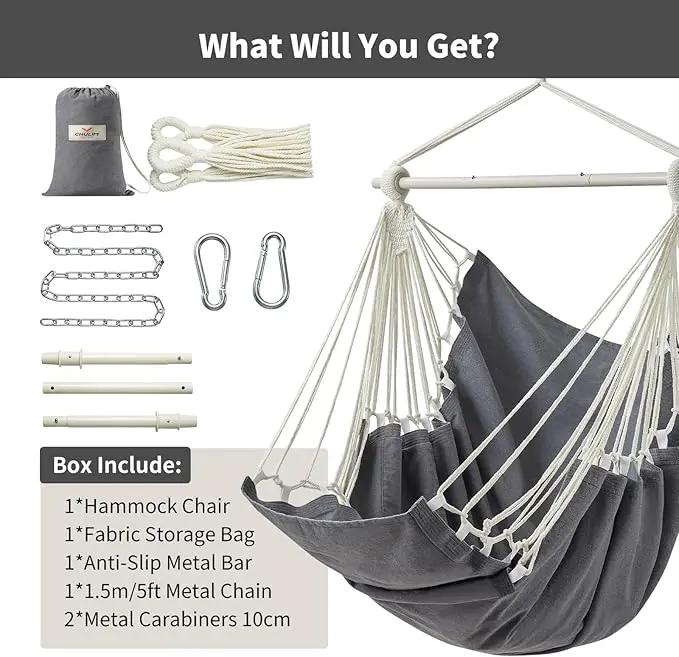 Hanging Hammock Chair Swing MAX 500 lbs Outdoor Hanging Chair with Footrest Indoor Swing Chair with Portable Steel Spreader Bar and Hardware Kit for Bedroom Living Room Patio Porch - Dark Grey by GreenHaven Gardens