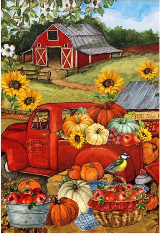 Morigins Autumn Harvest Farm Truck Fall Pumpkin Garden Decorations Double Sided FarmHouse Outdoor Garden Flag 12.5 x 18 Inch by GreenHaven Gardens