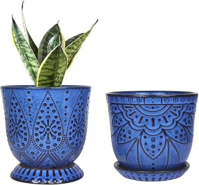 Gepege 6 Inch Beaded Ceramic Planter Set of 2 with Drainage Hole and Saucer for Plants, Indoor-Outdoor Large Round Succulent Orchid Flower Pot (Blue, for Inner-pots not Larger Than 5 Inch) by GreenHaven Gardens