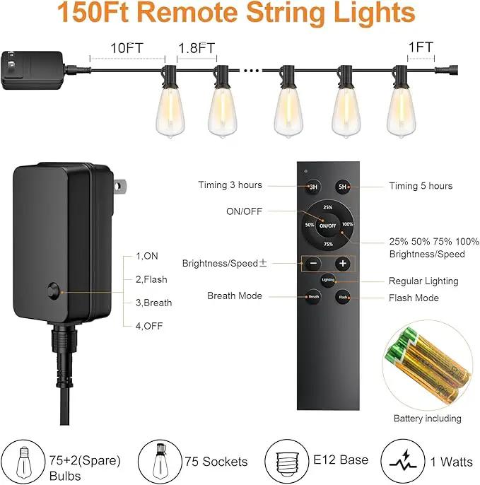 150FT Outdoor String Lights with Remote, Garden Patio Decor with 2500K Warm White, 75+3 LED Edison Bulbs, Support Timer Dimmable Waterproof Shatterproof for Yard Outside Porch Deck Backyard by GreenHaven Gardens