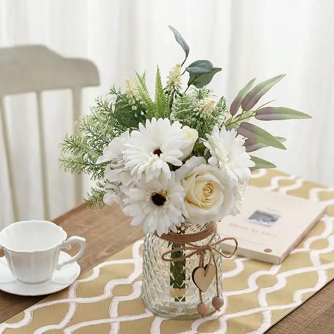 Artificial White Flowers with Vase, Fake Flowers Arrangement for Home Decor, Faux Flowers for Farmhouse Coffee Table Decor, House Kitchen Centerpiece Table Decorations by GreenHaven Gardens