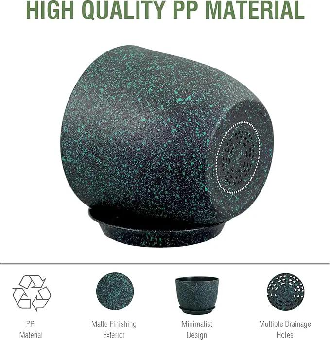 12 inch Large Plant Pots, Plastic Planters with Drainage Holes and Saucers, Flower Pots for Indoor Outdoor Plants, Decorative Pots for Garden House Plants, Black with Green Speckles by GreenHaven Gardens