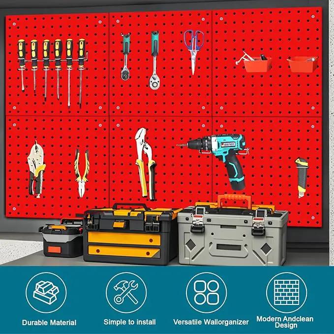 6 Pack Steel Peg Board,Universal 1/8 and 1/4 Pegboard Accessories,Ideal for Garage Tool Storage, Office Organization, Craft Room, Kitchen etc. (Red, 6-12X12) by GreenHaven Gardens