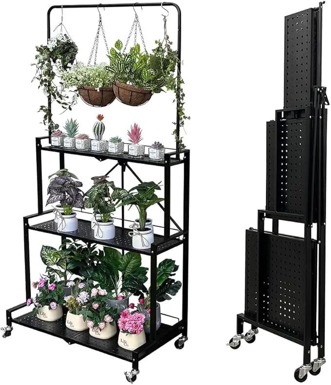 lumizone Foldable 4-Tier Plant Stand Indoor Outdoor Hanging Plant Shelf No Assembly Required Pot Placement Area With Wheels Sturdy Fall Prevention Storage Shelf Flower Pot Stand(4 Tier-Black) by GreenHaven Gardens