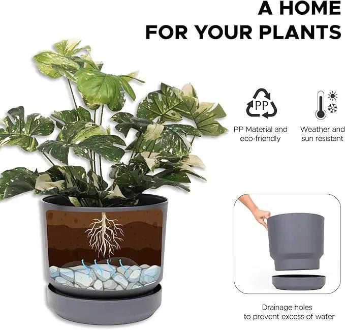 Elly Décor 12 inch Plastic Cylinder Planter Pot with Self-Watering Saucer and Drainage Hole,Lightweight & Extremely Durable, 12"x 12", Gray by GreenHaven Gardens