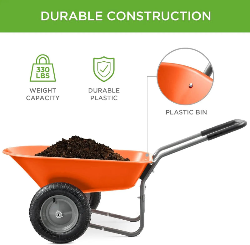 Best Choice Products Dual-Wheel Home Utility Yard Wheelbarrow Garden Cart w/Built-in Stand for Lawn, Gardening, Construction - Orange by GreenHaven Gardens