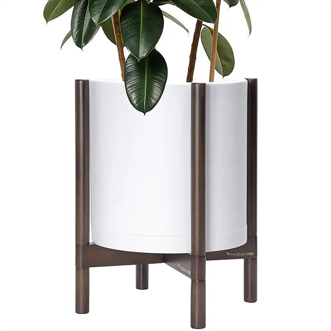 D'vine Dev Planter Pot with Stand - 14 Inch Plastic Cylinder Flower Pot with Wood Planter Holder for Indoor, Matte White Pot + Walnut Color Stand, 55-C-R-1 by GreenHaven Gardens