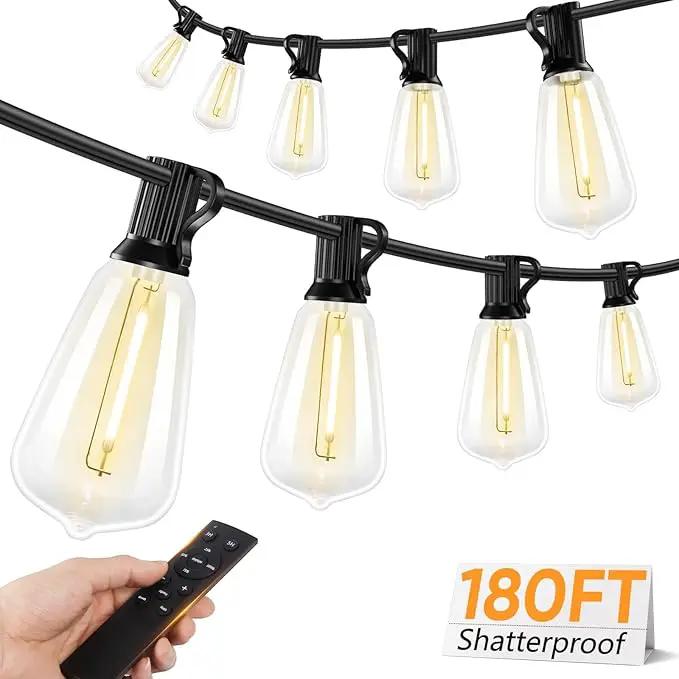 Brightever 180FT LED Outdoor String Lights, Dimmable Patio Lights with Remote Control, 56 Shatterproof ST38 Edison Bulbs, 3 Lighting Modes, 3H/5H Timer, Outdoor Hanging Light for Pool，Fence, Garden by GreenHaven Gardens