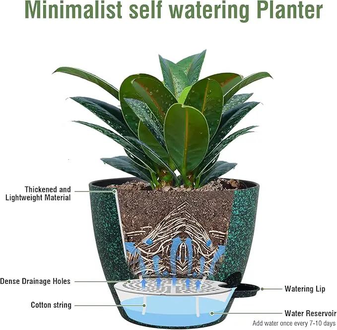 12 inch Large Self Watering Pots for Indoor Outdoor Plants, Flower Plant Pots with Mesh Drainage Holes for Garden House Plants, Plastic Planters for Home Plants, Black with Green Speckles by GreenHaven Gardens