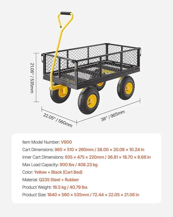 VEVOR 900 Lbs Heavy Duty Steel Garden Cart, Garden Wagon Cart on Wheels, Outdoor Metal Yard Utility Wagon Carts with 10" Tires and Mesh Removable Sides(Convert to Flatbed) and 180°Rotating Handle by GreenHaven Gardens