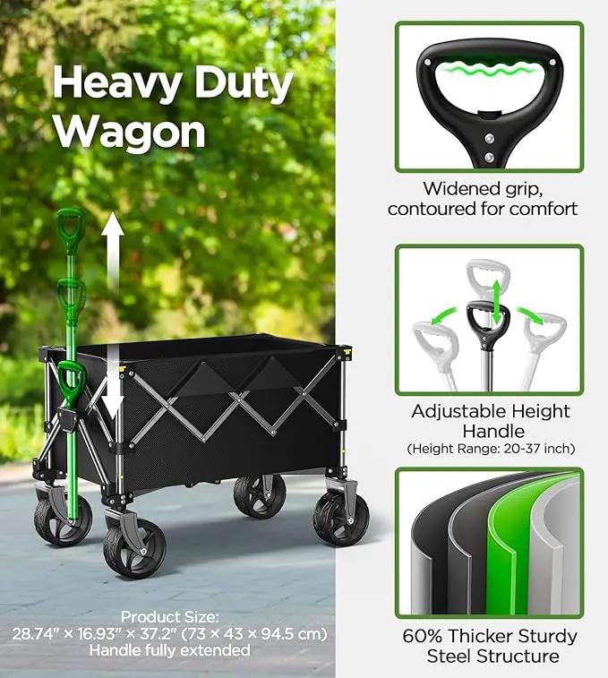 Beach Wagon,Collapsible Wagon 220lbs with Big Wheels FoldableWagon Carts,Portable Utility for Garden Grocery Sports Camping All Terrain-Black by GreenHaven Gardens
