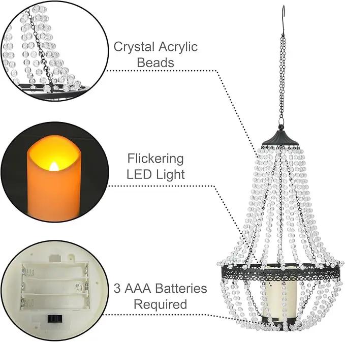 Hanging Candle Lantern, 27” Battery Operated Modern Clear Acrylic Crystal Chandeliers with Flickering Yellow Led Candle Light S Hooks for Garden, Backyard, Gazebo, Room Indoor Outdoor Decor by GreenHaven Gardens