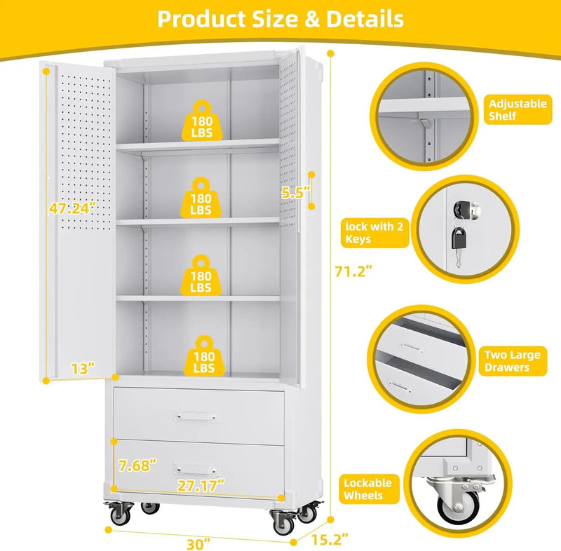 Aobabo 2 Large Drawer Metal Storage Cabinet with Wheels, Lockable Steel Storage Cabinet with 3 Adjustable Shelves with 6 Hooks for Home, Office, Garage, Classroom, White, Assembly Required by GreenHaven Gardens