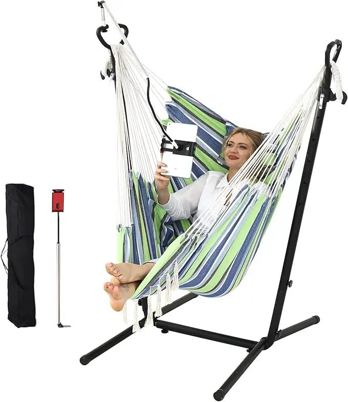ZEYU Hammock Chair with Stand Double Hammock Chair Bohemian Style with Tassel Mobile Phone Support Manual Adjustable Swing Indoor and Outdoor Garden Porch with Floor mat Reclining Capacity 400 pounds by GreenHaven Gardens
