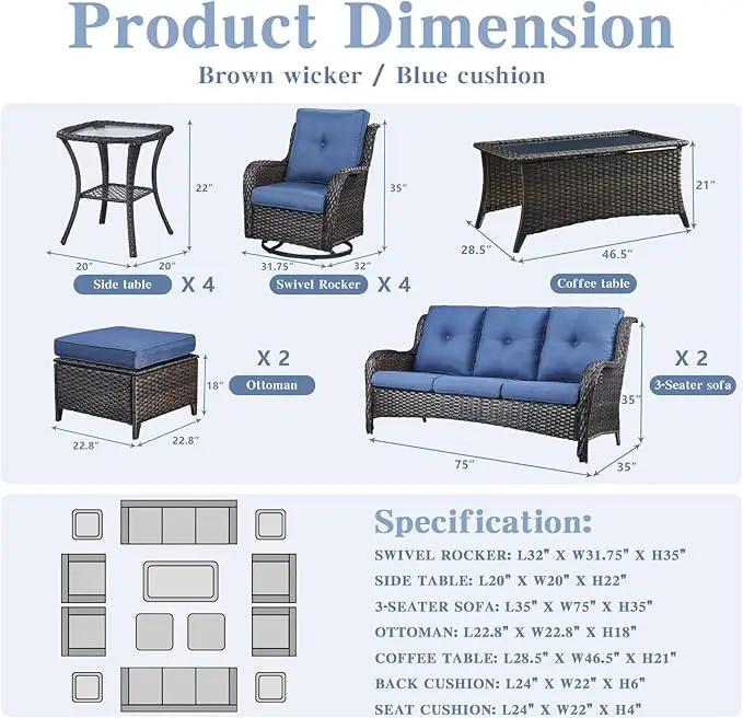 Wicker Patio Furniture Sets - 13 Piece Outdoor Rattan Furniture Conversation Sets with 4 Swivel Rocker Chairs, 2 Rattan Sofas, Wicker Ottomans and Coffee Table, Brown/Blue by GreenHaven Gardens