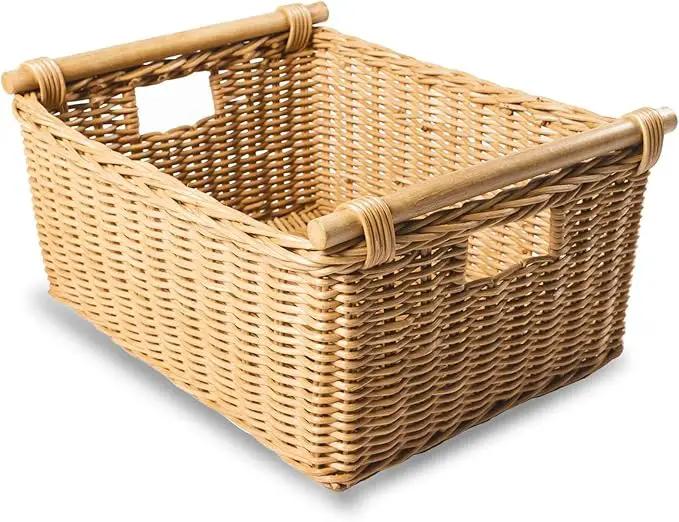 The Basket Lady Pole Handle Wicker Storage Basket, Medium, 16 in L x 12 in W x 8.25 in H, Sandstone by GreenHaven Gardens