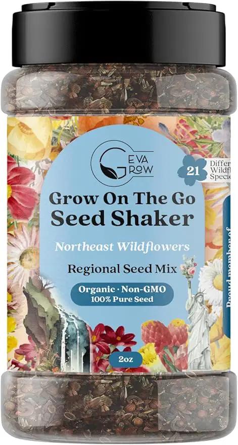 on The Go Regional Wildflower Seed Shaker - Northeast USA Wildflowers - 100% Pure Seed - Organic, Non-GMO - 21 Wildflower Variety Seeds of Annual & Perennial, 2oz by GreenHaven Gardens