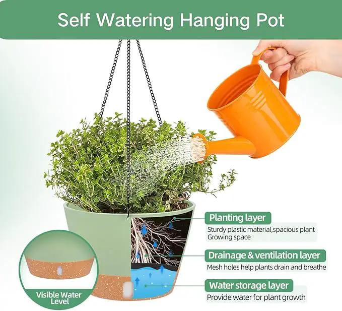 QCQHDU 2 Pack 10 inch Hanging Planters for Indoor Plants, Outdoor Hanging Baskets, Self Watering Pots with Drainage Holes & Removable Tray (Green, 10 inch) by GreenHaven Gardens