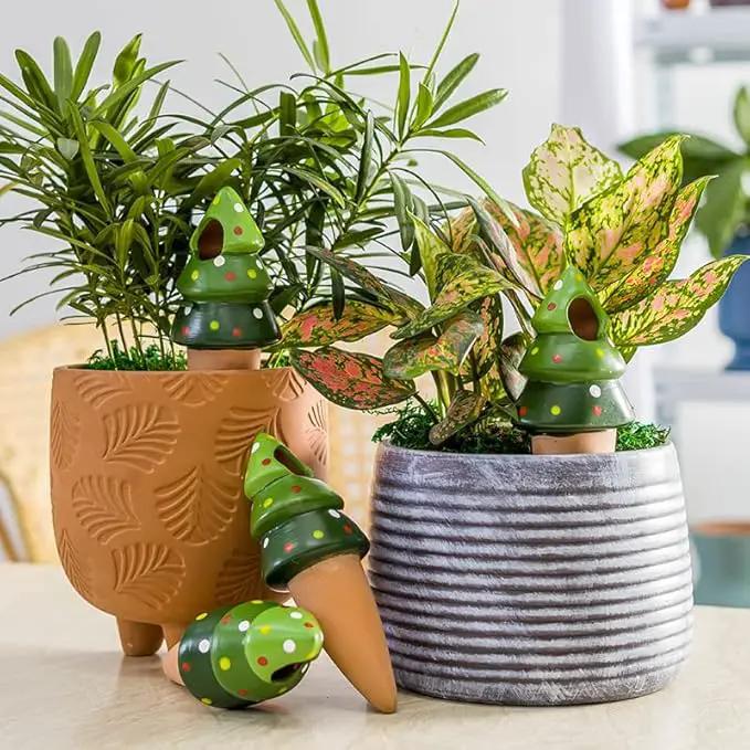 4 Pack Terracotta Christmas Tree Automatic Plant Watering Devices,Household self Watering Planter Insert, Watering Spikes for Indoor Plants,Holiday Potted Plant Continuous Moisture Device by GreenHaven Gardens