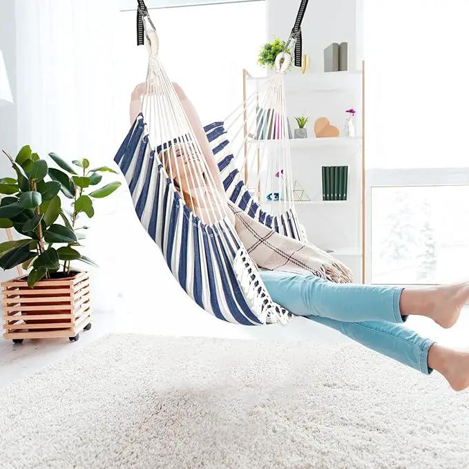 Chihee Hammock Chair Hanging Swing 2 Pillows Included,Strong Webbing Straps and Hooks for Easy Hanging Soft Cotton Hanging Chair Side Pocket Tassel Chair Comfort Indoor Outdoor Blue White by GreenHaven Gardens