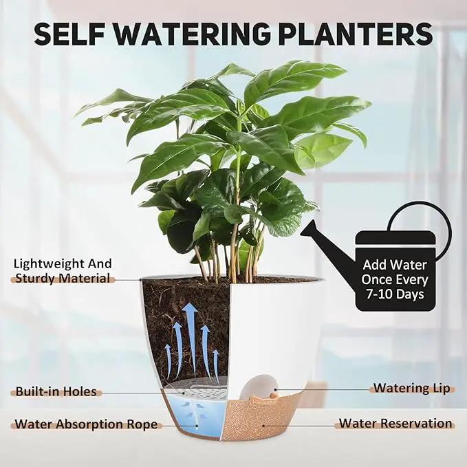12 Inch Large Self Watering Plant Pot Set, Flower Pots with Multi-Mesh Drainage Holes and Saucer, Suitable for Indoor and Outdoor Garden Plants, White. by GreenHaven Gardens