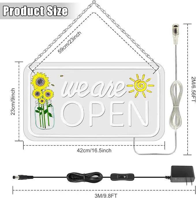Neon We Are Open Signs for Business, 16.5x9'' Open Sign with Printed Flower and Sun, with ON/OFF Switch & Adapter, Warm White, Ideal for Window, Party, Wall, Bars, Coffee Shops, Salons, Clubs, Hotels by GreenHaven Gardens
