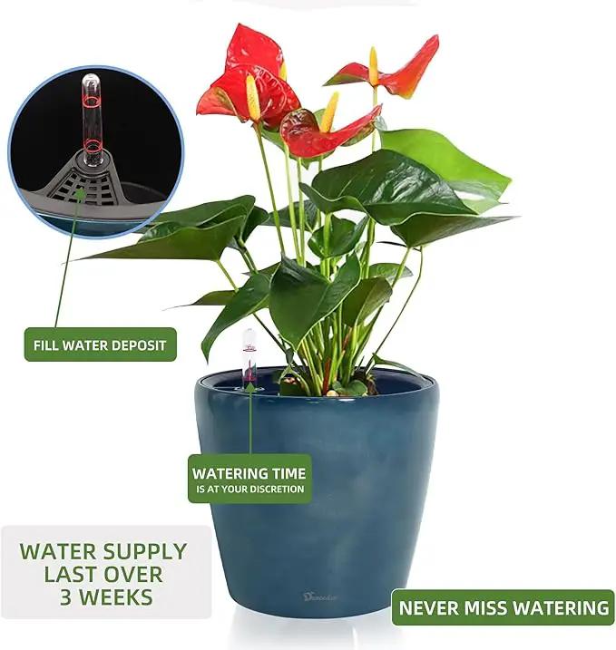 Dexceder 9x8 Inches Self Watering Planter Indoor Outdoor, Inner Pot Design, Thickened Table Flower Plant Pot with Water Level Indicator (Grayish Green Gradient) by GreenHaven Gardens