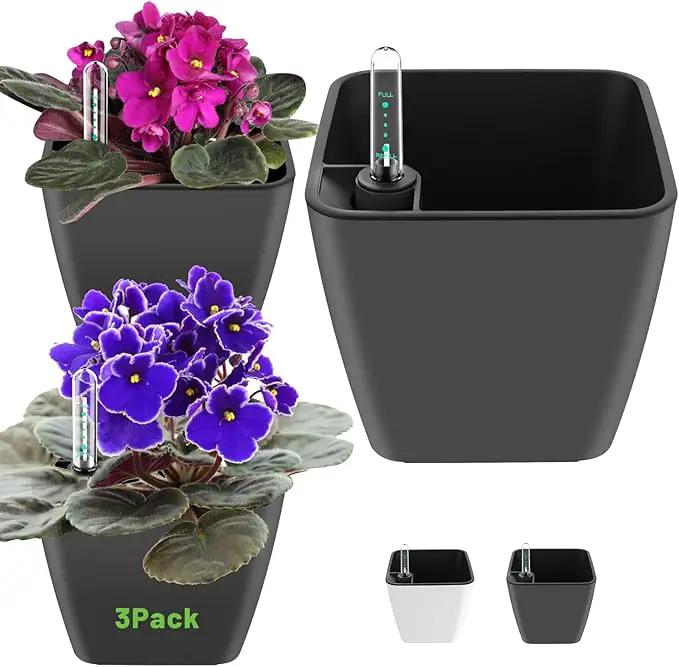 Self Watering Planters for Indoor Plants 5 inch 3 Pack Grey Planter with Water Level Indicator African Violet pots by GreenHaven Gardens