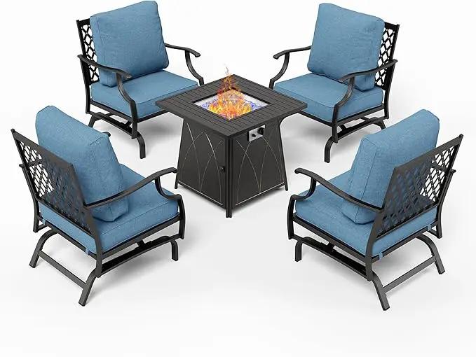 Patio Furniture Set with Fire Pit Table, 5 Pcs Metal Outdoor Conversation Set, 4 Swivel Chairs with 5.75" Extra Thick Cushion and 28" Fire Pit Table for Backyard Deck, Navy Blue by GreenHaven Gardens
