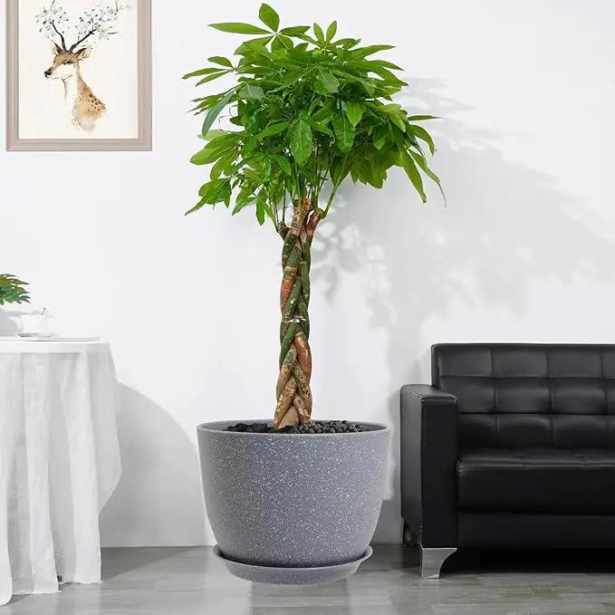 12/10/9 Large Modern Plant Pots, Plastic Planters with Drainage Holes and Saucers for Indoor Outdoor Plants Flowers, Grey Speckles by GreenHaven Gardens