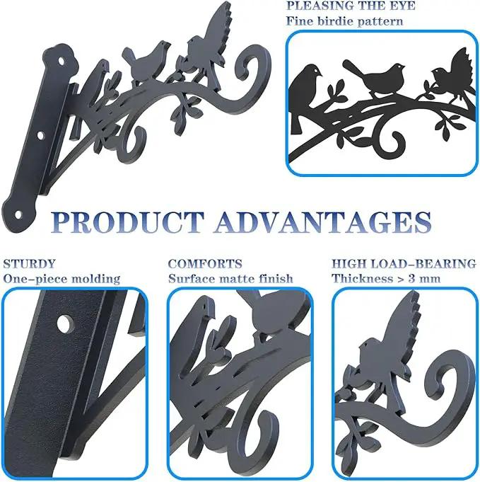 Metal Hanging Plant Bracket with Birdie Pattern 2 Pack – Heavy Duty Plant Hooks for Hanging Flower Baskets，Plants, Bird Feeder, Wind Chime - Indoor/Outdoor Use，Black Matte Texture (9 in) by GreenHaven Gardens