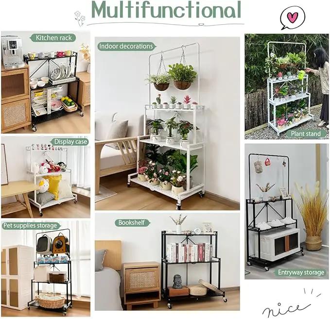 lumizone Foldable 4-Tier Plant Stand Indoor Outdoor Hanging Plant Shelf No Assembly Required Pot Placement Area With Wheels Sturdy Fall Prevention Storage Shelf Flower Pot Stand(4 Tier-Black) by GreenHaven Gardens