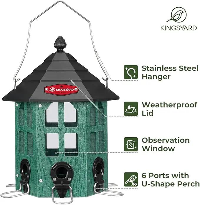 Kingsyard Wild Bird Feeder for Outdoor Hanging, Recycled Plastic Bird Feeders with 6 Ports & U-Shape Perch, Garden Yard Outside Decoration, 3.5 lbs Seed Capacity, Green by GreenHaven Gardens