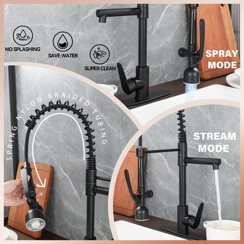 Kitchen Sink Faucet With LED Pull Down Sprayer, Single Handle High Arc Faucet, Dual Spouts, Deck Mount - Matte Black by HouseOfZazla