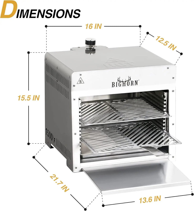 BIG HORN OUTDOORS 1500°F Small Infrared Propane Gas Grill – Portable Steak Broiler & Sear Station, Outdoor Salamander BBQ with Pizza Stone, Stainless Steel by GreenHaven Gardens