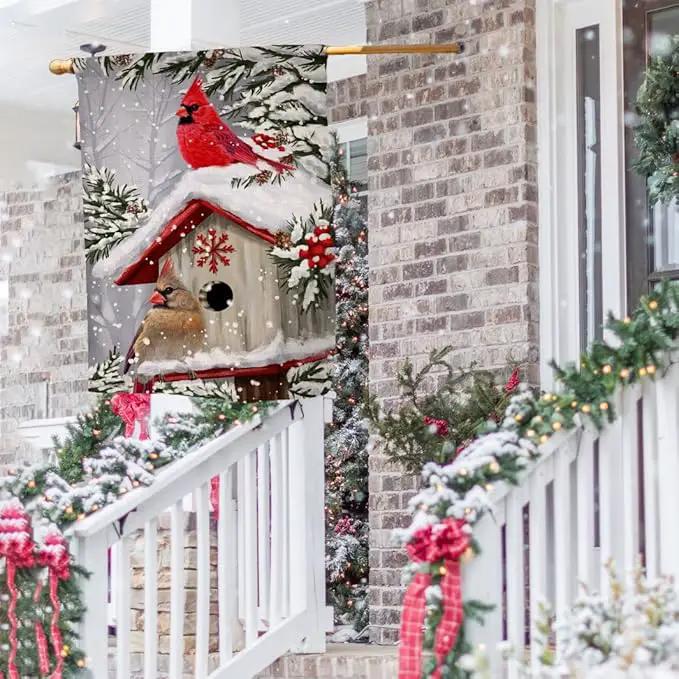 BLKWHT Winter Cardinal Bird House Flag 28 x 40 Vertical Double Sided Trees Snow Christmas Holiday Outside Decorations Burlap Yard Flag BW735-40 by GreenHaven Gardens