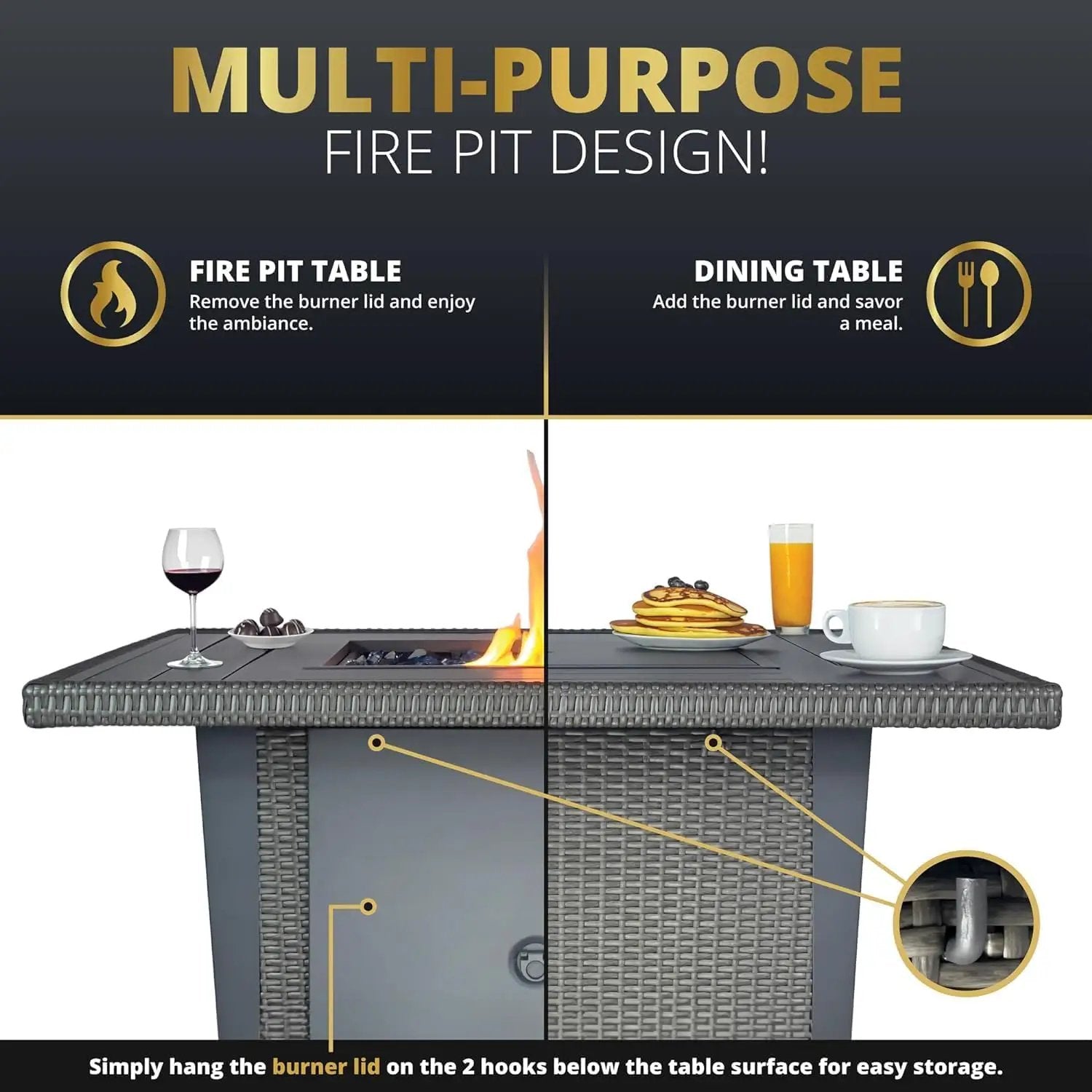 42'' Propane Fire Pit Table, 50,000 BTU Outdoor Gas Fire Table with Lid, Square Aluminum Fire Table with Wind Guard and Weather Cover, 2 in 1 Rattan Firepit Table for Outside Patio, Backyard, Gray by GreenHaven Gardens
