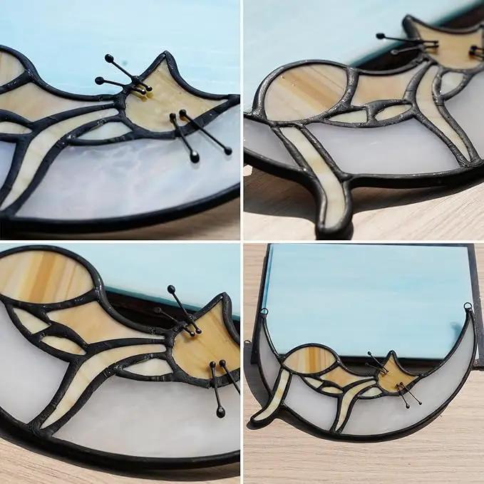 BOXCASA Sleeping Cat Stained Glass Windown Hanging,Yellow Cat on Moon Beautiful Handcrafted Sun Catcher Gifts for Daughter,Mothers Day,Christmas and Cat Lover by GreenHaven Gardens