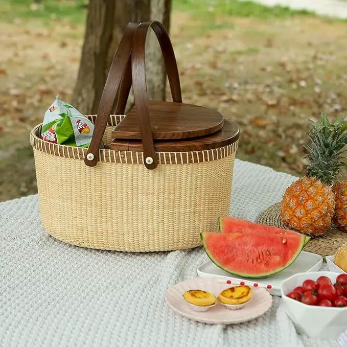 Nantucket Basket Crafts Cane-on-Cane Weave Picnic Basket Shopping Basket Basket Storage Basket Two Swing Handles (Black Walnut Activity Double Open) by GreenHaven Gardens
