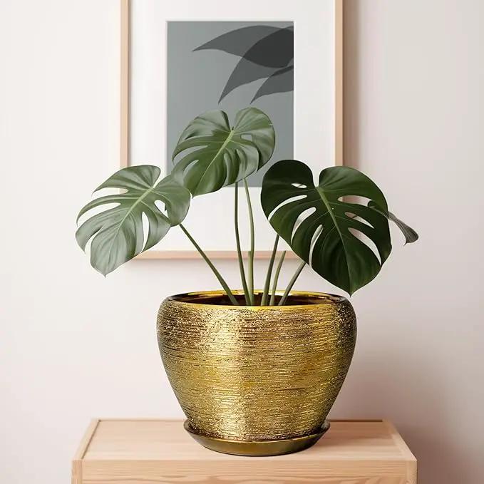 Ceramic Planter 10 Inch - Indoor Plant Pot with Drainage Hole and Saucer Large Decorative Planter Mid-Century Modern Flower Pot Outdoor for Home Decor Gold by GreenHaven Gardens