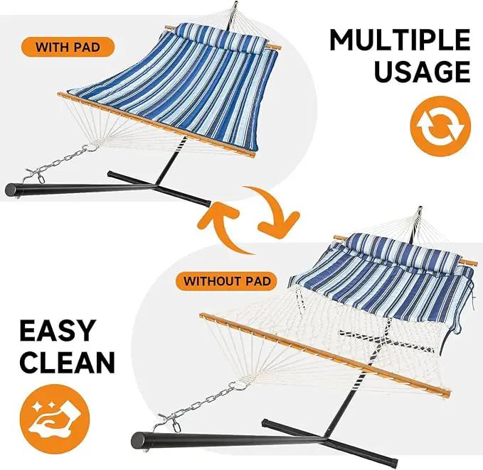 2 Person Outdoor Hammock with Stand, Cotton Rope Hammock with Polyester Pad, Adjustable Steel Frame, Portable with Carrying Bag – for Patio, Backyard, Garden, Beach, Blue Stripe by GreenHaven Gardens
