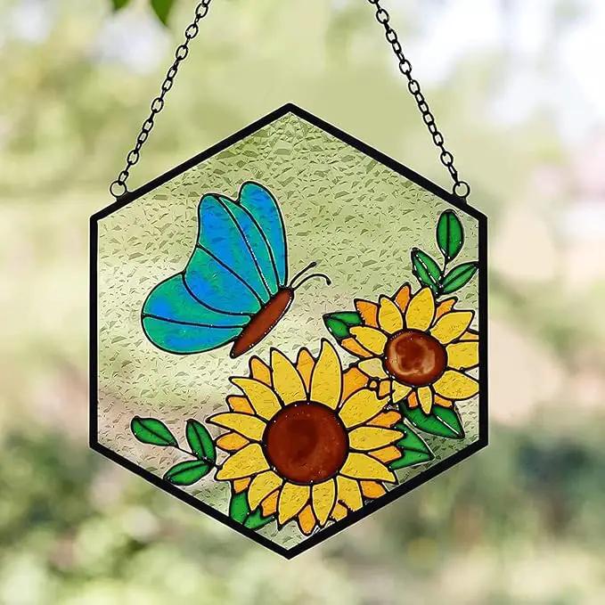 Stained Glass Butterfly Sunflower Suncatcher Window Hanging Ornament, Light Transmission Hand Paint Sun Catchers for Women Gifts, for Lover by GreenHaven Gardens