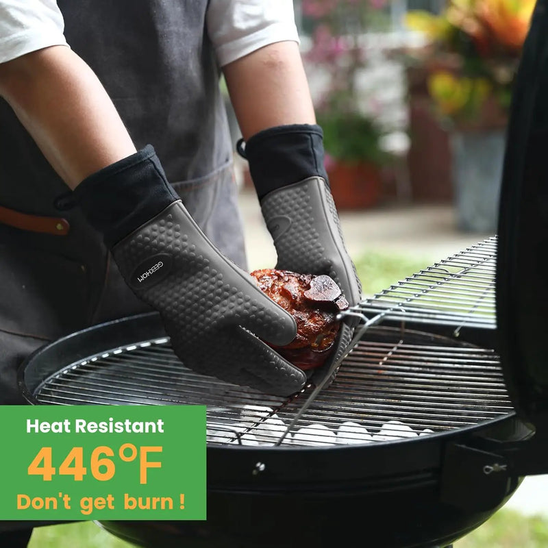 GEEKHOM BBQ Gloves Heat Resistant Oven Mitts - Silicone Grilling Gloves with 14" Long Arm Protection - Waterproof Pot Holder Non-Slip for Men & Women, Kitchen Cooking, Baking, Camping, Gray by GreenHaven Gardens