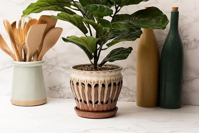 rePotme 6" Pinwheel Fluted Ceramic Plant Pot (Honey Cream Over Copper) - Great for Orchids, Succulents, and All Indoor Plants by GreenHaven Gardens