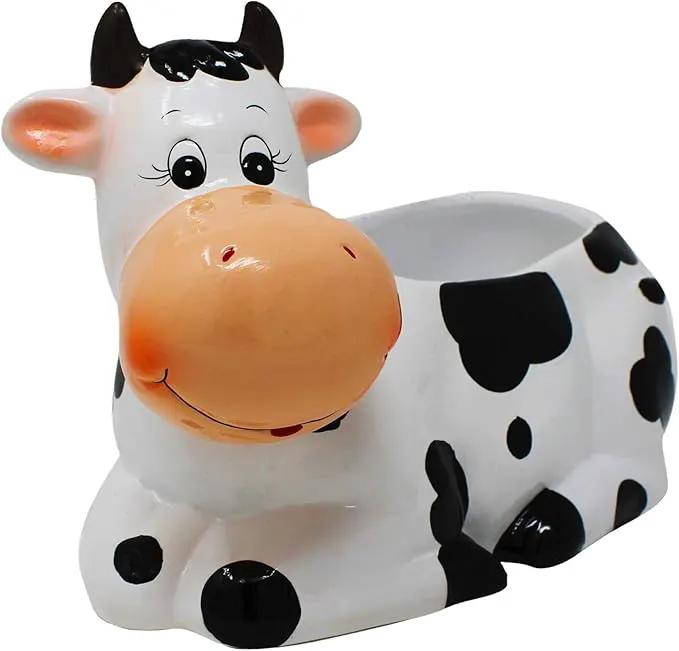 Cow Planter Pot - Cow Print Party Decoration Supplies - Garden Backyard Cow Stuff Statue - Flower Ceramic Succulent Planter - Plantador de Vacas - Large 9" with Drain by GreenHaven Gardens